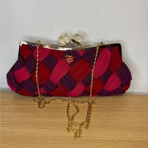 Betsy Johnson Woven Red Pink and Purple Kisslock Flower Clutch Bag with Lady Bug